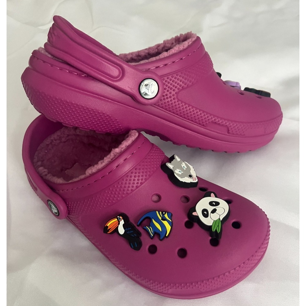 Crocs Mammoth Lined Clogs Magenta Pink Animal Jibbitz Charms Womens Size 6 - Picture 2 of 8